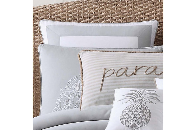 Luxuriously casual, this cotton Euro sham coordinates with the Tropical Plantation bedding collection and features a fresh body with gray hotel-style squares.Made of 100% cotton | Soft polyfill | Imported | Machine wash | Machine wash | Pairs with the tropical plantation bedding collection