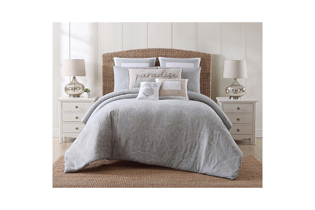 Luxuriously casual, this cotton Euro sham coordinates with the Tropical Plantation bedding collection and features a fresh body with gray hotel-style squares.Made of 100% cotton | Soft polyfill | Imported | Machine wash | Machine wash | Pairs with the tropical plantation bedding collection