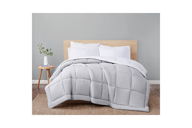 This comforter's super soft and hypoallergenic microfiber is a perfect fit for your bedroom. The reverse is a solid white with the London Fog logo printed in light gray. And thanks to its thick filling, the comforter is ideal for nestling inside your duvet and keeping warm all winter long.Made with 100% microfiber polyester | Soft microfiber face | Imported | Soft polyfill | Machine wash in appropriately sized equipment to avoid excess wear