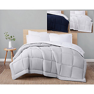 This comforter's super soft and hypoallergenic microfiber is a perfect fit for your bedroom. The reverse is a solid white with the London Fog logo printed in light gray. And thanks to its thick filling, the comforter is ideal for nestling inside your duvet and keeping warm all winter long.Made with 100% microfiber polyester | Soft microfiber face | Imported | Soft polyfill | Machine wash in appropriately sized equipment to avoid excess wear