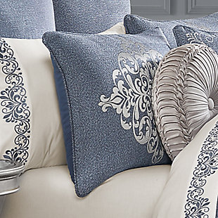 The Richmond 4-Piece Comforter Set is luxurious and beautifully crafted, with a pebbled construction in tones of indigo blue, and features a large-scale damask design along the bottom edge. The damask patterns are accented with a dark indigo outline to add a three-dimensional look. Paired with two matching pillow shams and a solid pebbled indigo split-corner bed skirt, this oversized ensemble adds a statement to your bedroom decor. The comforter, which reverses to a soft microfiber that matches the front fabric, is finished with indigo piping for added detail. Pair it with the Richmond Euro sham, throw pillows and window treatments by J. Queen New York to complete the look.Made of 100% polyester | Soft polyfill | Set includes 1 comforter, 2 pillow shams and 1 split-corner bed skirt | Made with design house-quality fabric and craftsmanship | Timeless take on traditional patterns with an updated color palette | Pebbled construction in indigo blue | Engineered large-scale damask design along bottom edge | Damask patterns accented with dark indigo outline for a three-dimensional look | Comforter reverses to microfiber | Imported | Dry clean only | Pair with the richmond bedding collection euro sham, throw pillows, and window treatments by j. Queen new york (sold separately) to complete the look