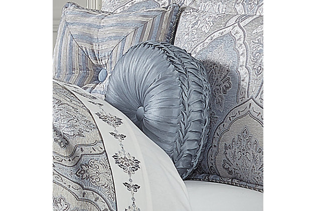The Pasadena tufted round pillow is a timeless take on traditional patterns with an updated color palette. This unique accent pillow is sewn by hand and finished with a fabric-covered button on both sides for added elegance and detail. It features a solid powder blue faux silk fabric to create a one-of-a-kind accent. Pair this elegant decorative pillow with the Pasadena bedding set for a complete look.Made of 100% polyester | Soft polyfill | Sewn by hand | Powder blue | Elegant round accent pillow for your bedding, sofa or armchair | Finished with fabric-covered button on front and reverse | Made with design house-quality fabric and craftsmanship | Timeless take on traditional patterns with an updated color palette | Imported | Dry clean only | Pair with the pasadena bedding collection by five queens court (sold separately) to complete the look