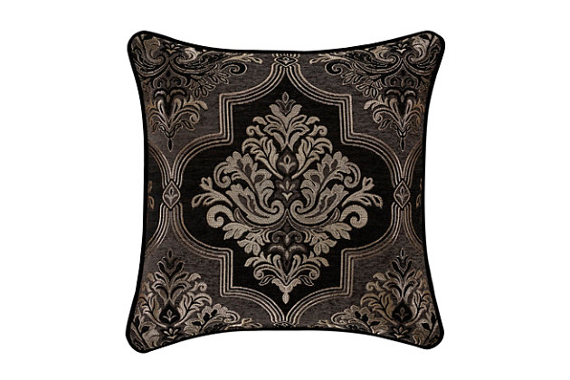 The Windham Square Decorative Throw Pillow is constructed in a woven black damask fabric perfectly centered on the pillow. This elegant pillow reverses to a woven scroll stripe for versatility. Perfect piping nicely finishes all four edges. Pair this 20-inch luxe pillow with the Windham bedding set by J. Queen New York for a complete elegant look.Made of 100% polyester | Soft polyfill | Elegant square accent pillow for your bedding, sofa or armchair | Woven black damask in center of pillow | Reverses to a woven scroll stripe | Finished in piping on all 4 edges | Made with design house-quality fabric and craftsmanship | Timeless take on traditional patterns with an updated color palette | Imported | Dry clean only | Pair with the windham bedding set by j. Queen new york for a complete elegant look