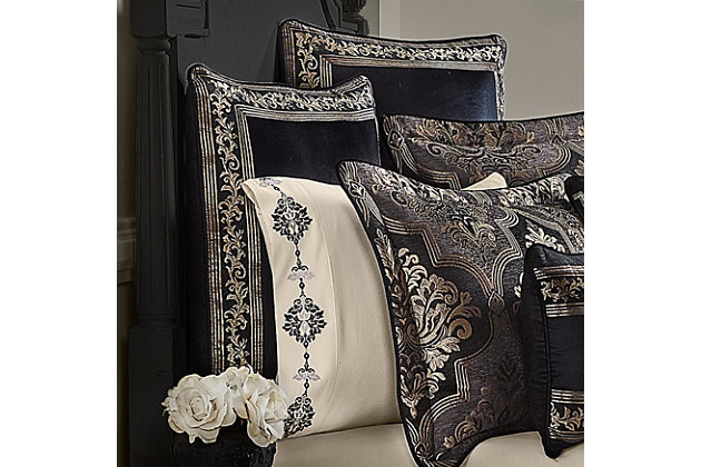 The Windham Euro sham is a bold, beautiful accent to your bedding decor. Featuring a black velvet in the center with an elegant scroll stripe border framed on all four sides, this sham reverses to a stylish vertical scroll stripe and is finished with black piping for a clean look. Pair it with the Windham bedding set by J. Queen New York for a complete look.Made of 100% polyester | Soft polyfill | Elegant square accent pillow for your bedding, sofa or armchair | Black velvet in the center of pillow face; elegant scroll stripe border framed on all 4 sides | Reverses to vertical scroll stripe | Finished in black piping | Hidden zipper closure | Made with design house-quality fabric and craftsmanship | Timeless take on traditional patterns with an updated color palette | Imported | Dry clean only | Pair with the windham bedding set by j. Queen new york for a complete luxe look