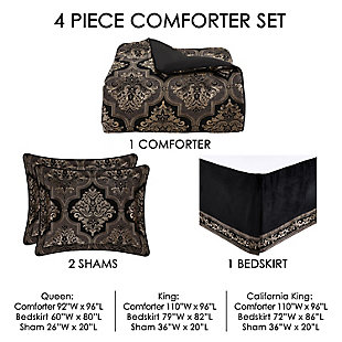 The Windham 4-Piece Comforter Set is constructed with a framed woven damask fabric in chenille black and graphite to add opulence to your bedroom decor. The luxe comforter features circle quilt stitching and is finished with bold black piping. This oversized set is truly stunning and will bring lasting comfort and compliments. The set also includes two matching pillow shams and a bed skirt. Pair this collection with the Windham throw pillows, Euro shams and window treatments by J. Queen New York to complete the look.Made of 100% polyester | Soft polyfill | Set includes 1 oversized comforter, 2 pillow shams and 1 bed skirt | Damask fabric in chenille black and graphite | Comforter features circle quilt stitching;  finished with black piping | Made with design house-quality fabric and craftsmanship | Timeless take on traditional patterns with an updated color palette | Imported | Dry clean only | Pair with the windham throw pillows, euro shams and window treatments by j. Queen new york (sold separately) to complete the look