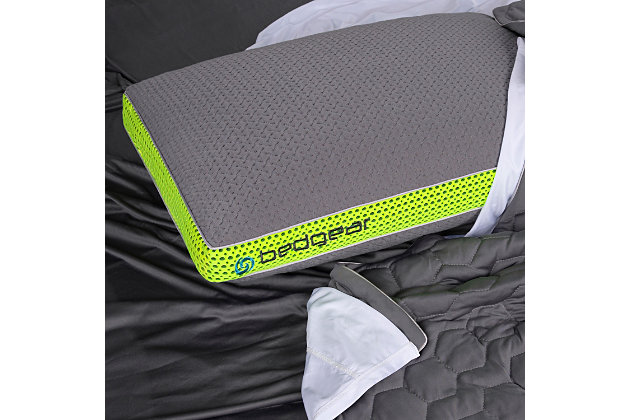 Sleep cooler and better with the Multi-Position Performance® pillow from BEDGEAR. It features BEDGEAR's patented Dri-Tec® fabric, which lends this pillow's cover its refreshing cool-touch feel to help you sleep comfortably throughout the night. The dual chambers of this pillow feature a patented React® core, made of memory foam and silk-feel fibers, to provide pressure relief and flexible, comforting support as you sleep. This pillow is available in one height and supports a back sleeper, side sleeper, stomach sleeper and multi-position sleeper. Pillow and cover made of 100% polyester | Made in USA with imported and domestic materials | Temperature-neutral cover provides cooler, better sleep | React® core material consists of memory foam blended with silk-feel fibers for flexible support | Supports a back sleeper, side sleeper, stomach sleeper and multi-position sleeper | Gray cover accented with lime green | Removable, washable cover