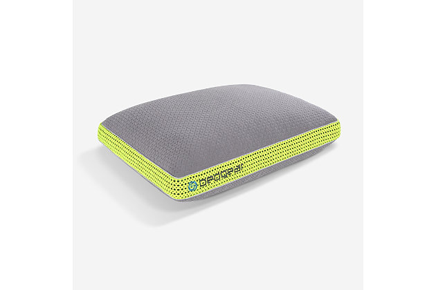 Sleep cooler and better with the Multi-Position Performance® pillow from BEDGEAR. It features BEDGEAR's patented Dri-Tec® fabric, which lends this pillow's cover its refreshing cool-touch feel to help you sleep comfortably throughout the night. The dual chambers of this pillow feature a patented React® core, made of memory foam and silk-feel fibers, to provide pressure relief and flexible, comforting support as you sleep. This pillow is available in one height and supports a back sleeper, side sleeper, stomach sleeper and multi-position sleeper. Pillow and cover made of 100% polyester | Made in USA with imported and domestic materials | Temperature-neutral cover provides cooler, better sleep | React® core material consists of memory foam blended with silk-feel fibers for flexible support | Supports a back sleeper, side sleeper, stomach sleeper and multi-position sleeper | Gray cover accented with lime green | Removable, washable cover