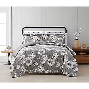 Cottage Classics Rochelle Floral 3 Piece King Comforter Set, Gray, rollover