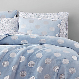 Turn any room into a party with this metallic polka dot on velvet bed set from Material Girl that includes everything you need for a good night's sleep. The comforter face is velvet with large metallic foil polka dots reversing to a solid microfiber, and has a 100% polyester fill. This set also includes 1 sham that matches the comforter, and 1 fitted sheet, 1 flat sheet, and 1 pillowcase that are abstract printed 100% microfiber polyester.Exciting metallic polka dots | Soft velvet fabric | Includes sheets, pillowcases and shams