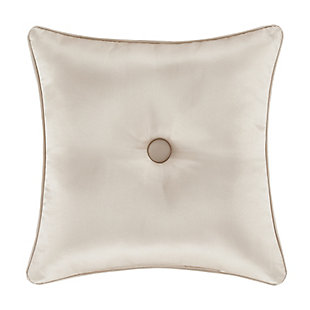 The Trinity Mitered 18” Decorative Throw Pillow is truly unique and sophisticated with a 3 inch woven jacquard border crafted along the edge of pillow. This statement accent pillow features a solid champagne satin fabric with a deeply tufted button detail on both sides. The pillow is overstuffed and finished with a 1/4" champagne piping for added detail for an elegant addition to your bedroom decor. Pair this pillow with the Trinity bedding set by J. Queen New York for a complete look.Elegant accent pillow for your bedding, sofa, or armchair. | Made with design house quality fabric and craftsmanship. | Timeless take on traditional patterns with an updated color palette. | Pair this with the Trinity bedding collection by J. Queen for a complete look.
