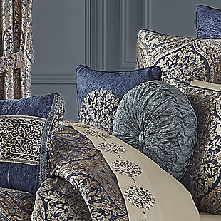 The Botticelli 18" Square Decorative Embellished Throw Pillow is luxurious and elegant. A navy chenille solid base is paired with a detailed medallion embroidery design and accented with metallic yarns. Pair this pillow with the Botticelli Bedding set for a complete elegant look.Elegant accent pillow for your bedding, sofa, or armchair. | Made with design house quality fabric and craftsmanship. | Timeless take on traditional patterns with an updated color palette. | Pair this with the Botticelli bedding collection by J. Queen for a complete look.