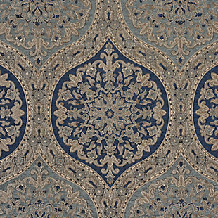 The Botticelli 4 Piece Comforter Set is exquisite and adds an elegant touch to your decor. Constructed with an intricately woven medallion in shades of navy, dusty blue and glimmering golds. The rich chenille mingled with high twist yarns creates depth and an array of textures making this baroque design a classic. This oversized set is truly stunning and will give lasting comfort and compliments. Botticelli throw pillows, Euros, and window treatments are available separately.Comforter Set Includes: 1 Comforter, 2 Pillow Shams, 1 Bedskirt. | Made with design house quality fabric and craftsmanship. | Timeless take on traditional patterns with an updated color palette. | Pair this Botticelli bedding collection with the Euro Sham, Throw Pillows, and Window Treatments by J. Queen for a complete look.