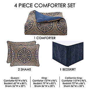 The Botticelli 4 Piece Comforter Set is exquisite and adds an elegant touch to your decor. Constructed with an intricately woven medallion in shades of navy, dusty blue and glimmering golds. The rich chenille mingled with high twist yarns creates depth and an array of textures making this baroque design a classic. This oversized set is truly stunning and will give lasting comfort and compliments. Botticelli throw pillows, Euros, and window treatments are available separately.Comforter Set Includes: 1 Comforter, 2 Pillow Shams, 1 Bedskirt. | Made with design house quality fabric and craftsmanship. | Timeless take on traditional patterns with an updated color palette. | Pair this Botticelli bedding collection with the Euro Sham, Throw Pillows, and Window Treatments by J. Queen for a complete look.