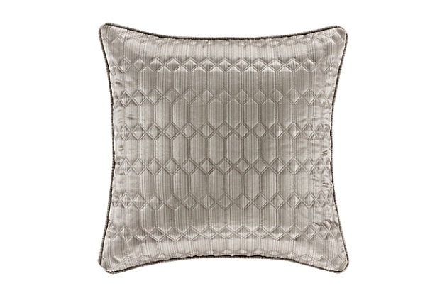 The 20 Inch Decorative Throw pillow is a direct coordinate to the Luxembourg Quilt Coverlet. It features a fine line stria stripe in two tones of silver running in a vertical direction. A detailed diamond quilt stitching design is incorporated on top of the stria to create a blend of symmetry, design and intricate detail. The thread color is dyed to match so the blending of design and fabric create a delicate yet detailed harmonious look.Elegant accent pillow for your bedding, sofa, or armchair. | Made with design house quality fabric and craftsmanship. | Timeless take on traditional patterns with an updated color palette. | Pair this with the Luxembourg bedding collection by J. Queen for a complete look.