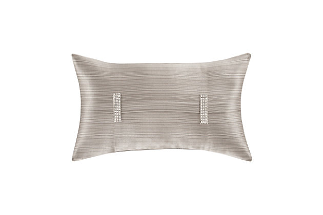 The Boudoir Decorative Throw pillow is a direct coordinate to the Luxembourg Quilt Coverlet. It features a fine line stria stripe in two tones of silver and contains a decorative pleat accented by a glamorous jeweled band on both the left and right ends of the boudoir.Elegant accent pillow for your bedding, sofa, or armchair. | Made with design house quality fabric and craftsmanship. | Timeless take on traditional patterns with an updated color palette. | Pair this with the Luxembourg bedding collection by J. Queen for a complete look.