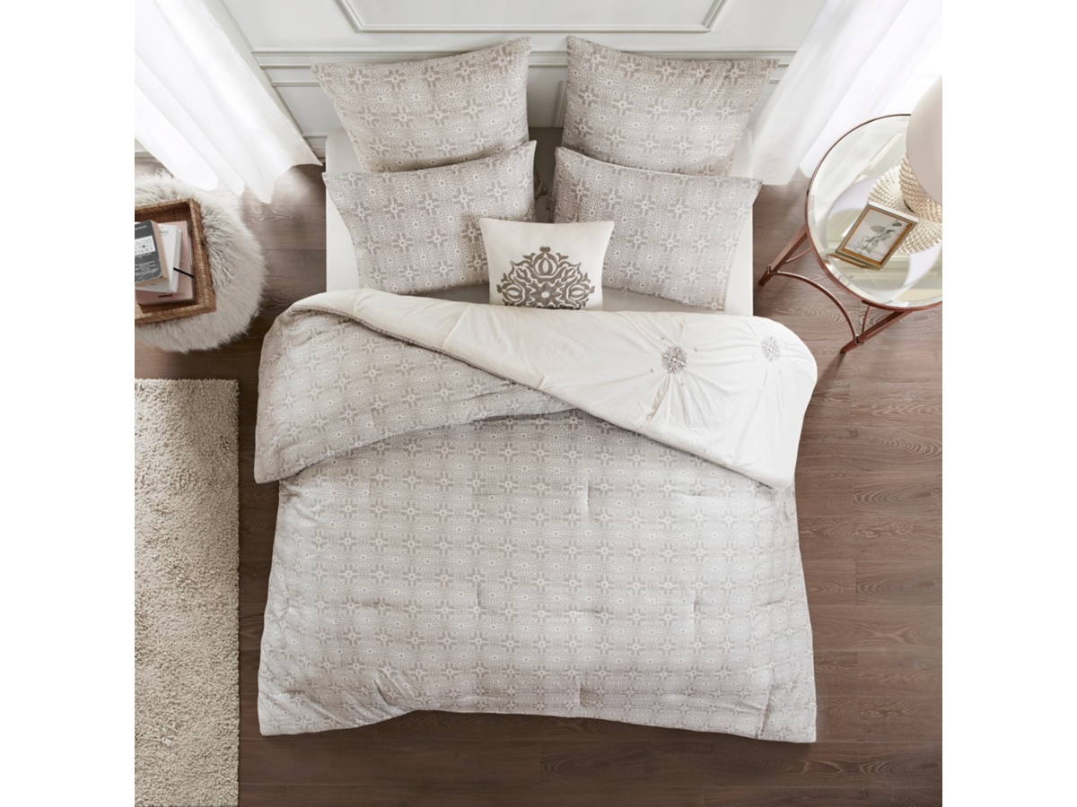 Alicia 6 Piece Embroidered Cotton Reversible Full/Queen Comforter