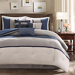 JLA Home Palisades 7 Piece Faux Suede Queen Comforter Set, Blue, rollover