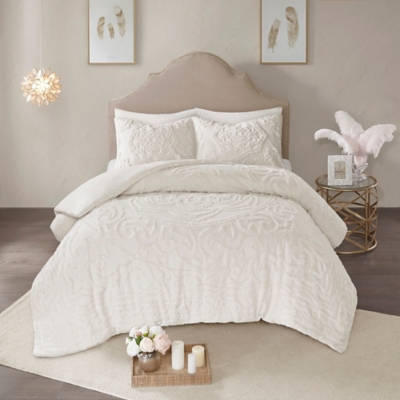 JLA Home Laetitia 3 Piece Tufted Cotton Chenille Medallion Duvet Cover Set, Ivory