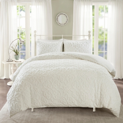 JLA Home Sabrina 3 Piece Tufted Cotton Chenille Full/Queen Duvet Cover Set, White, large