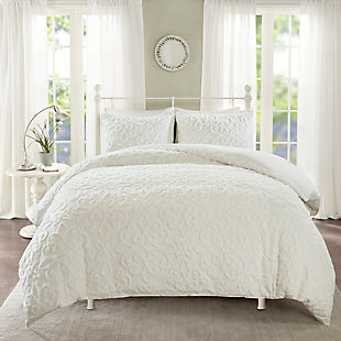 JLA Home Sabrina 3 Piece Tufted Cotton Chenille Full/Queen Duvet Cover Set, White, rollover