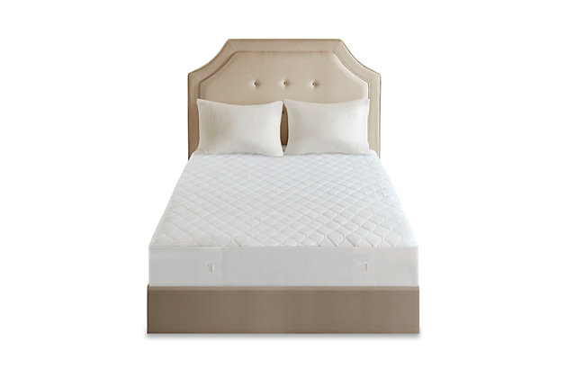 Cover your bed with the Beautyrest Heated Mattress Pad. It features a ten hour auto shut-off timer and temperature control with five settings to ensure your safety. The soft flexible wires and quilted top provide exceptional comfort.Made of cotton/polyester blend | Polyester filling | 5 setting temperature control | 10 hour auto shut-off | Virtually eliminates electro magnetic field emissions | Controller works with smart home outlets and automatic timers | Fits up to a 18" mattress | Manufacturer's 5-year warranty | Machine washable | Imported