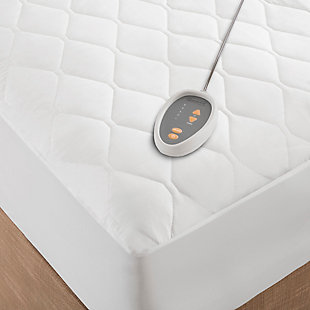 Cover your bed with the Beautyrest Heated Mattress Pad using Secure Comfort technology. Designed to virtually eliminate Electromagnetic Field emissions, this heated mattress pad features a 10-hour auto-shut off timer and a 5 setting temperature control to ensure your safety. The soft flexible wires and quilted top provide exceptional comfort, while the fitted skirt perfectly fits up to a 18" mattress. Made from a cotton polyester blend, our heated mattress pad is machine washable for easy care. Twin, Twin XL, and Full sizes have one controller, while Queen, King, and Cal King sizes have two controllers. Includes manufacturer's 5-year warranty.Imported | Virtually eliminates electro magnetic field emissions | 10 hour auto shut off | 5 setting temperature control, controler works | Soft flexible wires | Controller works with smart home outlets and automatic timers, 1 for Twin and Full size, 2 for Queen and King size | Machine washable | Fits up to a 18" mattress | 60% cotton 40% polyester | Includes manufacturer's 5-year warranty