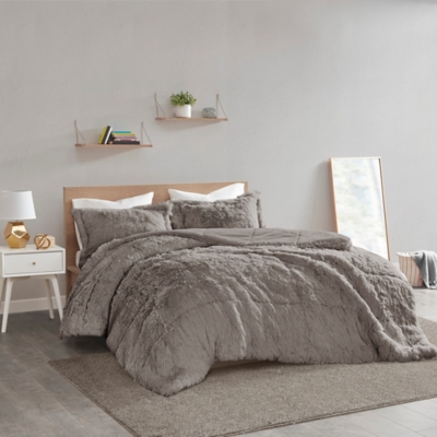 Leena Shaggy Faux Fur Full/Queen Comforter Mini Set, Gray