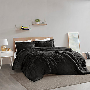 Intelligent Design Malea Full/Queen Shaggy Long Fur Comforter Mini Set, Black, rollover