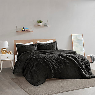 Intelligent Design Malea King/California King Shaggy Long Fur Comforter Mini Set, Black, rollover