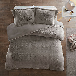 The Intelligent Design Malea shaggy fur duvet cover set brings a soft, contemporary update to your bedroom. It's made with a stylish shaggy faux fur that creates a soft fluffy texture, with a solid plush reverse for added warmth. A zipper closure secures your insert within the duvet cover and inside corner ties prevent it from shifting.Includes comforter and 2 matching shams | Made of polyester | Oeko-Tex Certified, includes no harmful substances or chemicals | Duvet with inside corner ties to secure the insert (not included), zipper closure | Machine washable | Imported
