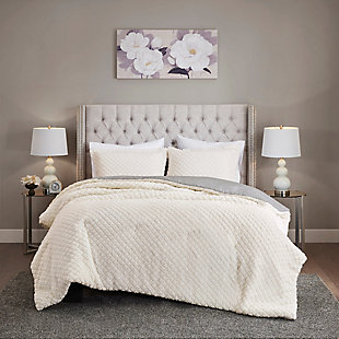 Madison Park Alder Full/Queen Reversible Textured Sherpa to Faux Mink Comforter Set, Ivory/Gray, rollover