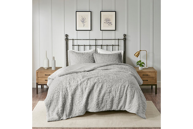 Add warmth and comfort to your bed with this ultra plush comforter set. The faux fur is incredibly soft and features a beautiful medallion design for added texture and dimension. The set is machine washable for easy care.Includes comforter and 2 matching shams | Made of polyester | Polyester fill | Sham only; pillow insert not included | Machine washable  | Imported
