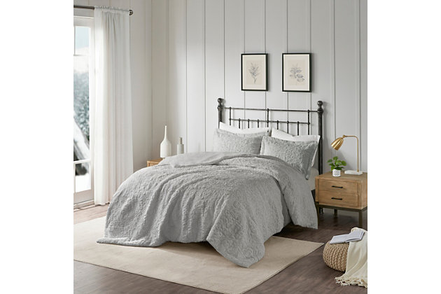 Add warmth and comfort to your bed with this ultra plush comforter set. The faux fur is incredibly soft and features a beautiful medallion design for added texture and dimension. The set is machine washable for easy care.Includes comforter and 2 matching shams | Made of polyester | Polyester fill | Sham only; pillow insert not included | Machine washable  | Imported