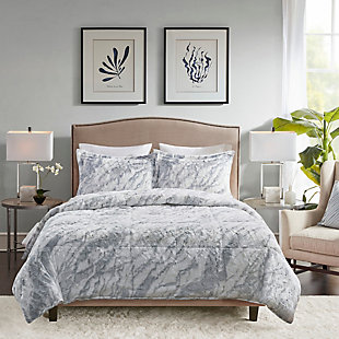 Madison Park Mae Queen Marble Faux Fur Comforter Set, Gray/Blue, rollover