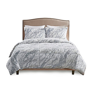 Madison Park Mae Queen Marble Faux Fur Comforter Set, Gray/Blue, large