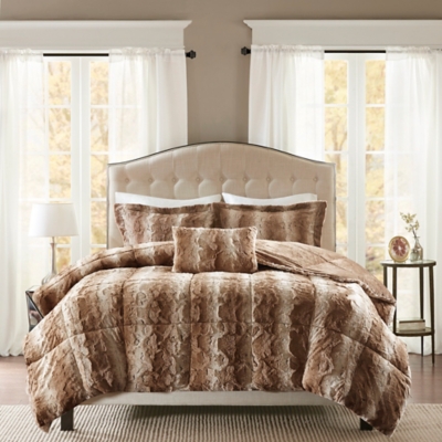 Madison Park Zuri Full/Queen 4 Piece Faux Fur Comforter Set, Tan, rollover