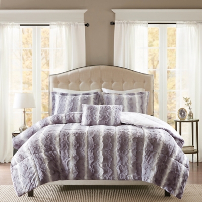 Madison Park Zuri Full/Queen 4 Piece Faux Fur Comforter Set, Gray, rollover