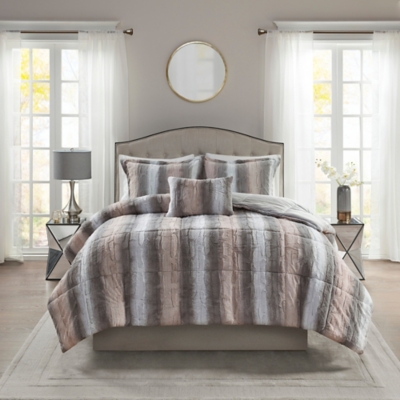 Madison Park Zuri/Zuri Full/Queen 4 Piece Faux Fur Comforter Set, Blush/Gray, large