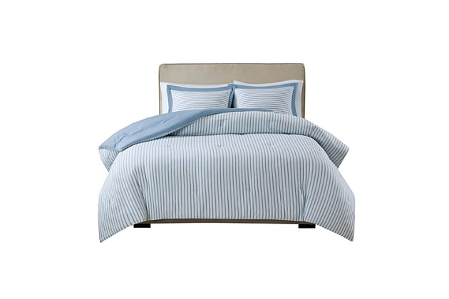 The Madison Park Essential Hayden reversible down alternative comforter mini set gives your bedroom a fresh, casual update. Sporting a striped pattern, the comforter and sham reverse to a solid hue, allowing you to mix and match styles for the perfect look. Machine washable, this reversible comforter is made from ultra-soft yarn-dyed fabric that is sure to keep you warm all year round.Includes comforter and 2 matching shams | Made of polyester | Down alternative hypoallergenic polyester filling | Machine washable | Imported
