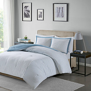 The Madison Park Essential Hayden reversible down alternative comforter mini set gives your bedroom a fresh, casual update. Sporting a striped pattern, the comforter and sham reverse to a solid hue, allowing you to mix and match styles for the perfect look. Machine washable, this reversible comforter is made from ultra-soft yarn-dyed fabric that is sure to keep you warm all year round.Includes comforter and 2 matching shams | Made of polyester | Down alternative hypoallergenic polyester filling | Machine washable | Imported