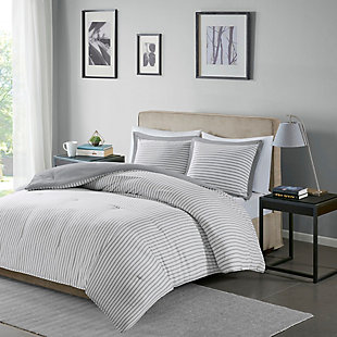 The Madison Park Essential Hayden reversible down alternative comforter mini set gives your bedroom a fresh, casual update. Sporting a striped pattern, the comforter and sham reverse to a solid hue, allowing you to mix and match styles for the perfect look. Machine washable, this reversible comforter is made from ultra-soft yarn-dyed fabric that is sure to keep you warm all year round.Includes comforter and matching sham | Made of polyester | Down alternative hypoallergenic polyester filling | Machine washable | Imported