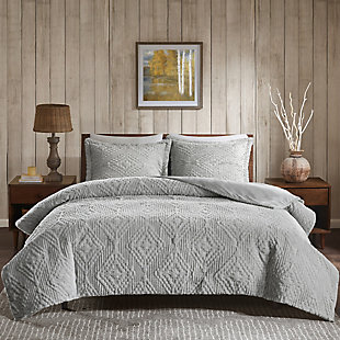 Woolrich Teton Full/Queen Embroidered Plush Coverlet Set, Gray, rollover