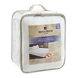 The Woolrich heated sherpa mattress pad contains Secure Comfort technology, which is designed to virtually eliminate electromagnetic field emissions. The soft flexible wires, quilted top, and cozy sherpa fabric ensure your comfort. The fitted skirt is designed to create a perfect fit and fits up to a 17" mattress. Our heated mattress pad is machine washable, with a 10 hour auto shut off, 5 setting temperature control. Twin and Full size have one controller, Queen and King size have 2 controllers. Includes manufacturer's 5-year warranty.Imported | Eliminates electromagnetic field emissions | Soft flexible wires | Quilted top | Cozy sherpa fabric | Fit mattresses up to 17" in height | 10 hour auto shut off | 5 temperature settings | Controller works with smart home outlets and automatic timers, 1 for Twin and full, 2 for queen and king size | Machine washable | Includes manufacturer's 5-year warranty