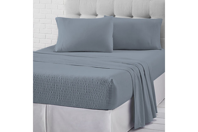 Add a cozy yet casual foundation to your bed with the J. Queen New York cotton jersey knit sheet set. Its patented Royal Fit technology is guaranteed to fit every mattress perfectly, every time. The unique fitted sheet construction stretches to fit the deepest mattresses and mattress toppers and works great with smaller 7-20 inch low-profile mattresses. Unlike most fitted sheets, which don’t fit well or stay in place throughout the night, this fitted sheet solution will never shift or slip off. The noticeably soft cotton jersey knit fabric provides a smooth, breathable feel like your favorite lounge T-shirt, and gets softer with each wash.Set of 3 | Made of 100% cotton | Sheet set includes one flat sheet, one fitted sheet, and two pillowcases | Fitted sheet stretches to fit the deepest mattresses and works great with smaller low-profile mattresses (7"-20") | Machine washable | Imported