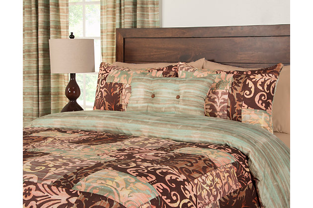 Simply timeless and beautifully on trend, this masterfully crafted five-piece duvet set is dressed to impress. Featuring a Moroccan-chic patchwork pattern that reverses to a delicate stripe print, this exceptionally soft bedding is like getting two sets for the price of one. Easy elegant and casually cool, it looks right at home whether your furnishings are classic or contemporary.Set includes twin comforter, inside duvet cover, 1 sham and 2 decorative pillows | Made of polyester | Eco-friendly down alternative fill | Reversible  | Standard sham and duvet with zipper closure | Comforter with 8 button closure | Made in USA | Machine washable