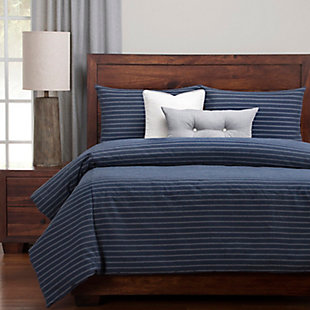 Give your bedroom a rustic makeover with this six-piece duvet cover set. Rustic stripes on the cotton blend duvet cover are woven to resemble burlap. Stuffed with a medium-weight fill made from recycled plastic bottles, this cozy comforter benefits your health and the environment when compared to natural down. This luxurious comforter is designed to keep you warm all year round.Set includes king comforter, inside duvet cover, 2 shams and 2 decorative pillows | Made of polyester | Eco-friendly down alternative fill | King shams and duvet with zipper closure | Comforter with 8 button closure | Made in USA | Machine washable