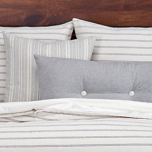 Give your bedroom a rustic makeover with this five-piece duvet cover set. Rustic stripes on the cotton blend duvet cover are woven to resemble burlap. Stuffed with a medium-weight fill made from recycled plastic bottles, this cozy comforter benefits your health and the environment when compared to natural down. This luxurious comforter is designed to keep you warm all year round.Set includes twin comforter, inside duvet cover, 1 sham and 2 decorative pillows | Made of polyester | Eco-friendly down alternative fill | Standard sham and duvet with zipper closure | Comforter with 8 button closure | Made in USA | Machine washable