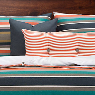 Update your bedding with this six-piece duvet cover set with a contemporary gray that will stay clean no matter what you throw at it. Soft to the touch and completely stain resistant, this bedding is made with upcycled fibers without chemical treatments making it easy on the environment. Stuffed with a medium-weight fill made from recycled plastic bottles, this cozy comforter benefits your health and the environment when compared to natural down. Life is messy, but paw prints, juice spills and even permanent marker will disappear. This beautiful high end bedding is made to last.Set includes king comforter, inside duvet cover, 2 shams and 2 decorative pillows | Made of polyester | Eco-friendly down alternative fill | Stain resistant | King shams and duvet with zipper closure | Comforter with 8 button closure | Made in USA | Machine washable and bleach safe