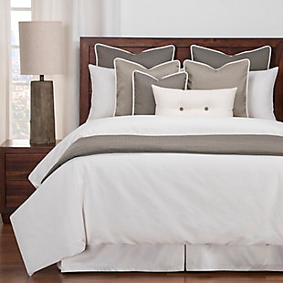 Wake up your bedroom space with a fresh and polished look with this five-piece duvet cover set complete with coordinating throw pillows and shams. Expertly crafted to deliver a lustrous look and feel, this hotel-inspired set brings timeless style and lasting comfort to any room. The ultra-soft sheeting material backing provides added comfort and the innovative stain-resistant fabric can withstand tough stains when treated with a half bleach and half water solution. Stuffed with a medium-weight fill made from recycled plastic bottles, this cozy comforter benefits your health and the environment when compared to natural down. Life is messy, but paw prints, juice spills and even permanent marker will disappear. This beautiful high end bedding is made to last.Set includes twin comforter, inside duvet cover, 1 sham and 2 decorative pillows | Made of polyester | Eco-friendly down alternative fill | Stain resistant | Standard sham and duvet with zipper closure | Comforter with 8 button closure | Made in USA | Machine washable and bleach safe
