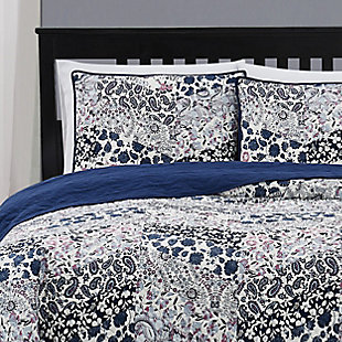 The Cannon Chelsea bedding collection features a beautiful assortment of watercolor floral and paisley prints. This quilted pattern will beautifully accent any room with a modern take on a traditional design. The accents of blue and purple tones on a white background are contrasted by a solid navy reverse. This bedding is 100% microfiber which provides a soft, yet silky feeling and is machine washable.Includes 1 quilt and 1 standard sham | Made of microfiber polyester | Quilt with cotton/polyester fill | Machine washable; wash in appropriate size equipment to avoid damage | Imported